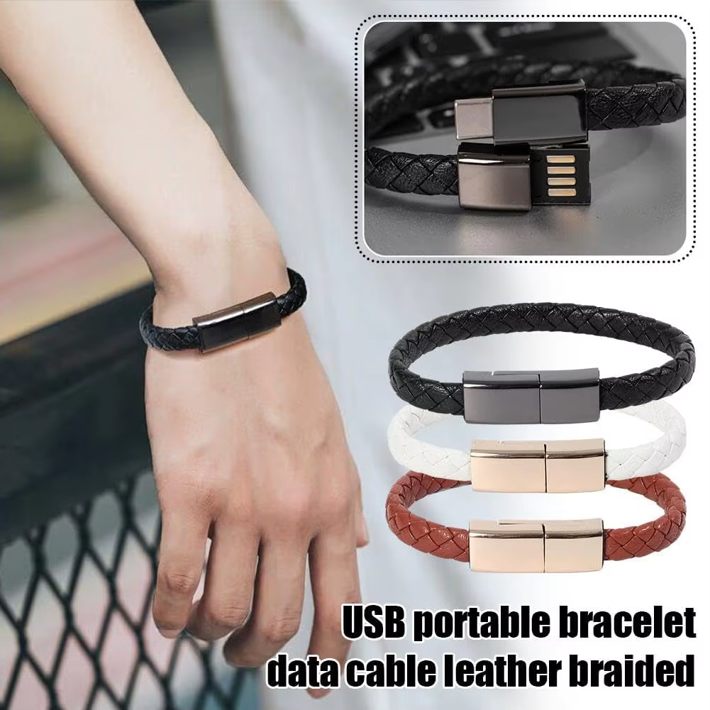 Leather Bracelet Charger USB Charging Cable Braided Cords USB Portable Data Transfer Cable for Iphone Samsung Huawei Xiaomi
