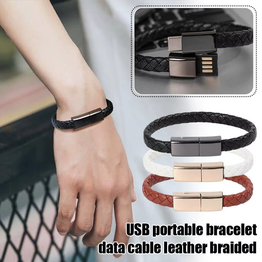 Leather Bracelet Charger USB Charging Cable Braided Cords USB Portable Data Transfer Cable for Iphone Samsung Huawei Xiaomi